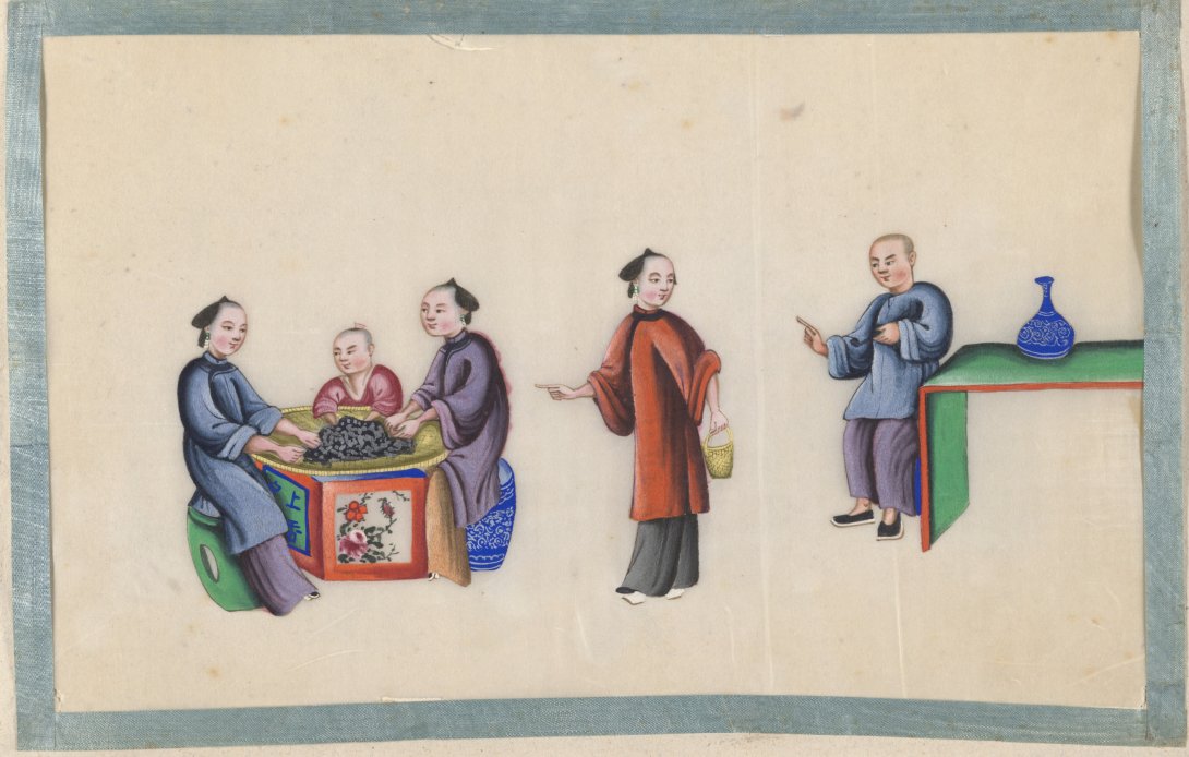 Chinese pith painting: [Selecting tea] from [Album of Chinese watercolours depicting the production of tea and tea trade]