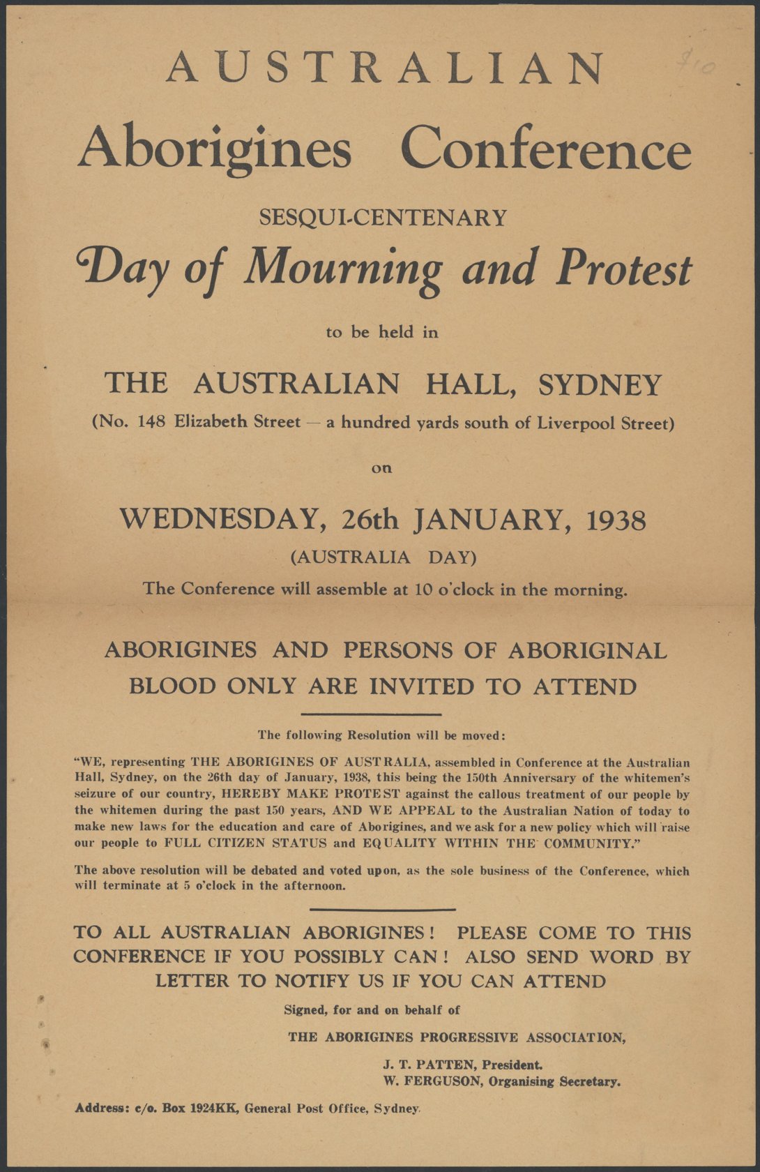 Australian Aborigines Conference: sesqui-centenary Day of Mourning and Protest 