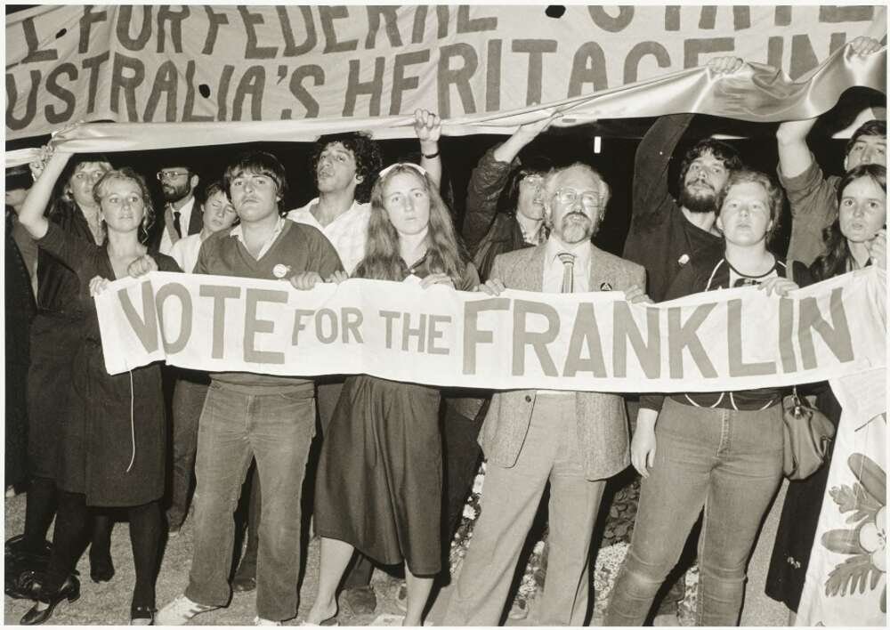Franklin dam protesters at the Liberal Party Federal election campaign opening, Malvern Town Hall, Malvern, Victoria, February 1983 