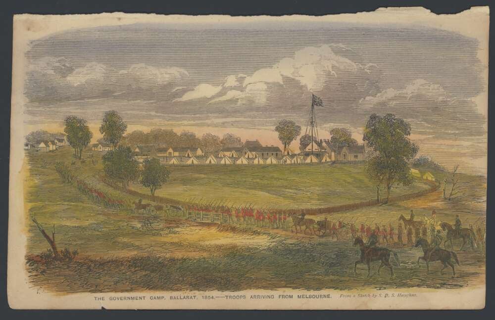 The Government Camp, Ballarat, 1854, troops arriving from Melbourne 