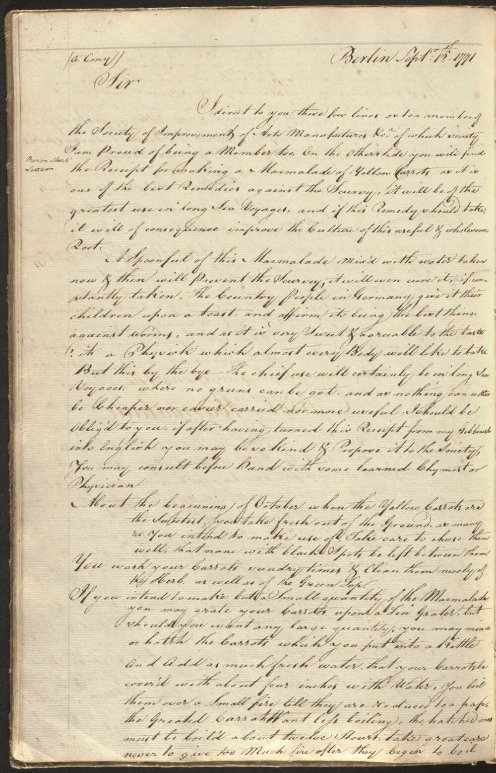 A handwritten letter from 1771 in ink on yellowed paper containing a recipe for carrot marmalade
