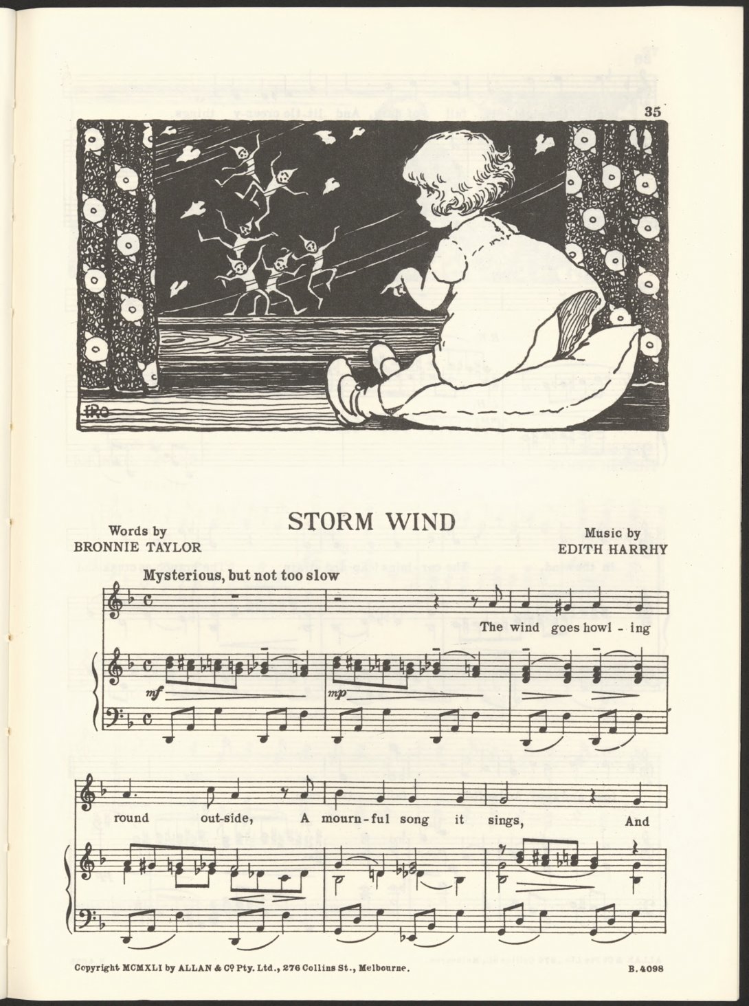 Sheet music featuring an illustration of a child looking out an open window