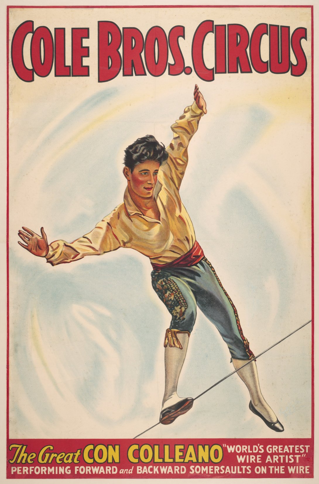 Poster for Cole Bros. Circus featuring a young performer in long white socks walking across a tightrope.