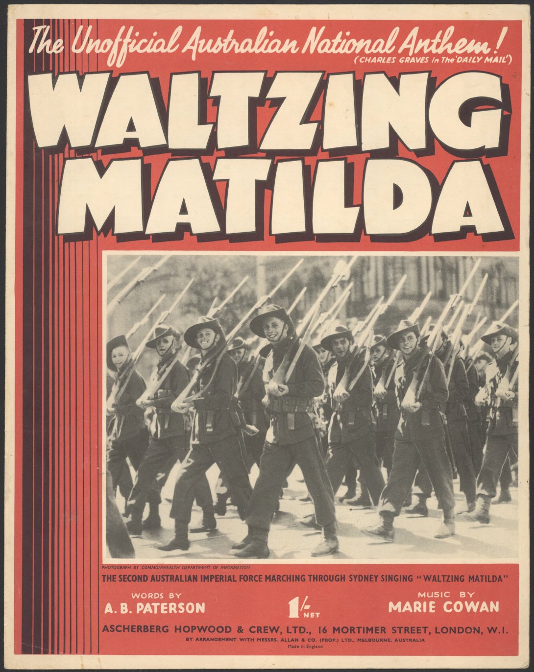 Front page of sheet music for song Waltzing Matilda. White text on a red background above the title reads "The Unoffficial Australian National Anthem!"