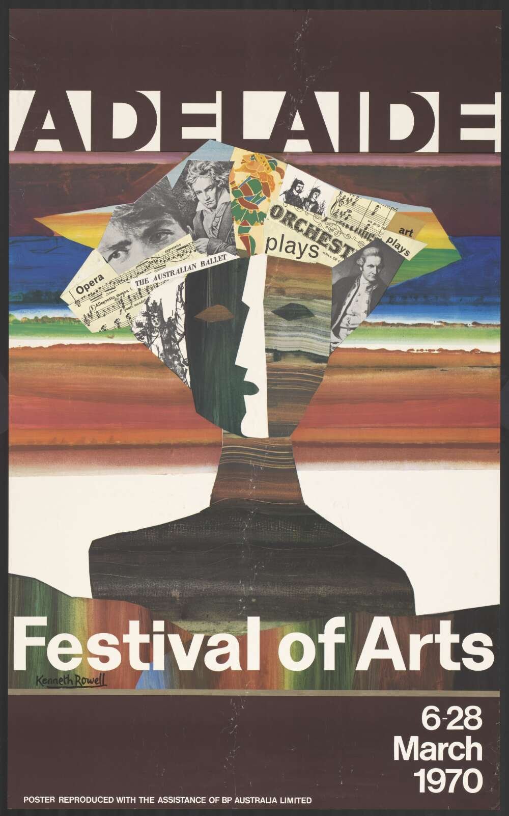 Colourful collage poster advertising the 1970 Adelaide Festival; depicts a person made up of newspaper clippings