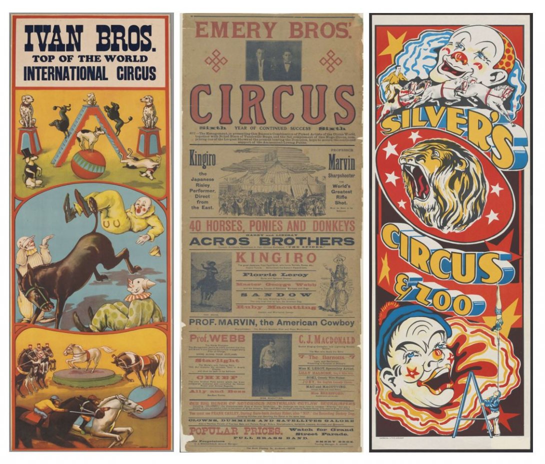 Three colourful vintage circus posters advertising various performances