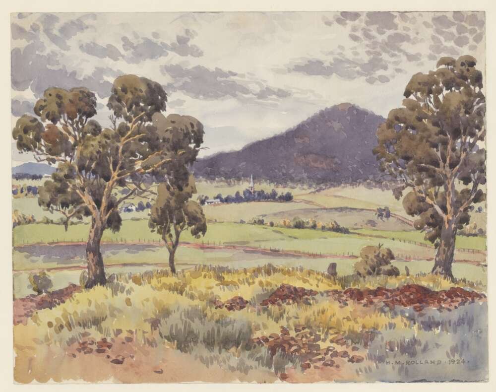 Broad stroke watercolour painting of trees and grass in a valley; a mountain can be observed in the background