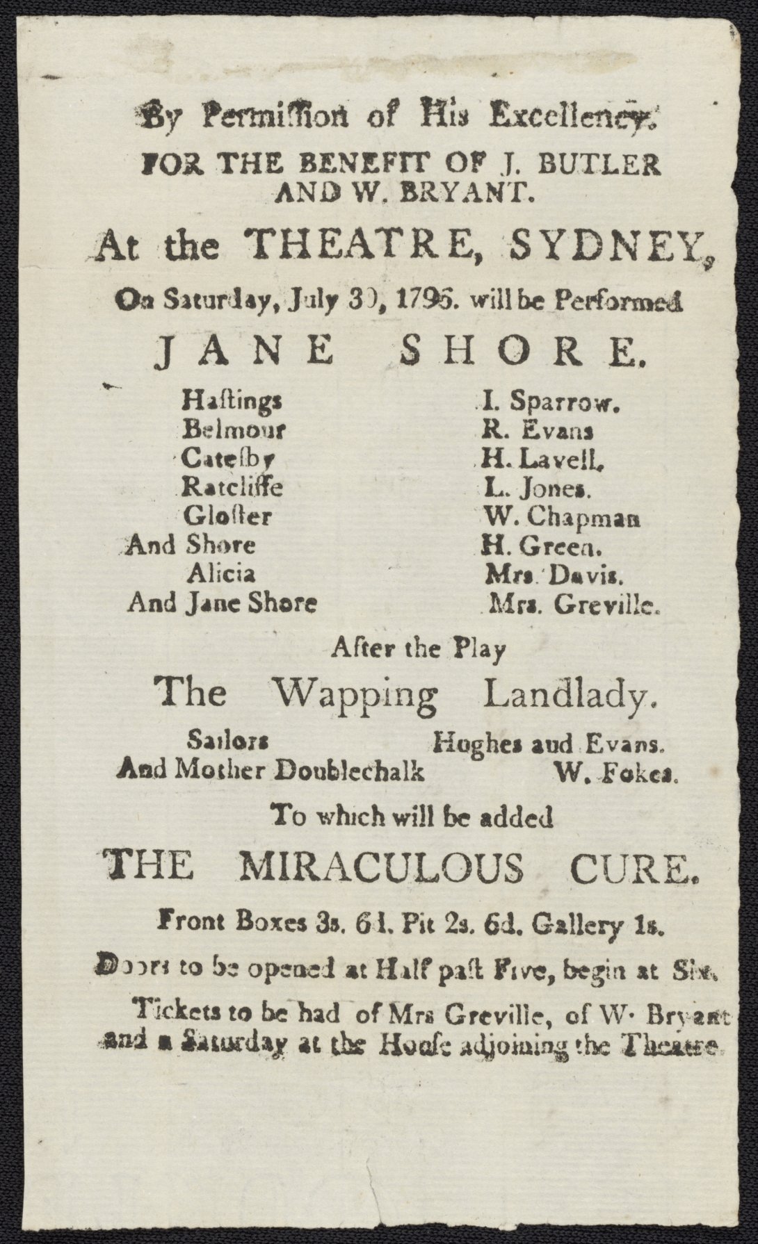 A theatre playbill from 1796, the earliest surviving document printed in Australia.