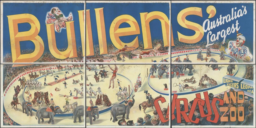 6 panel poster illustrated in red and blue for Bullen's circus and zoo