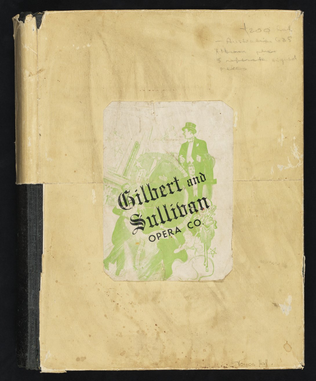 The front cover of a scrapbook reads "Gilbert and Sullivan Opera Co" printed over a green logo
