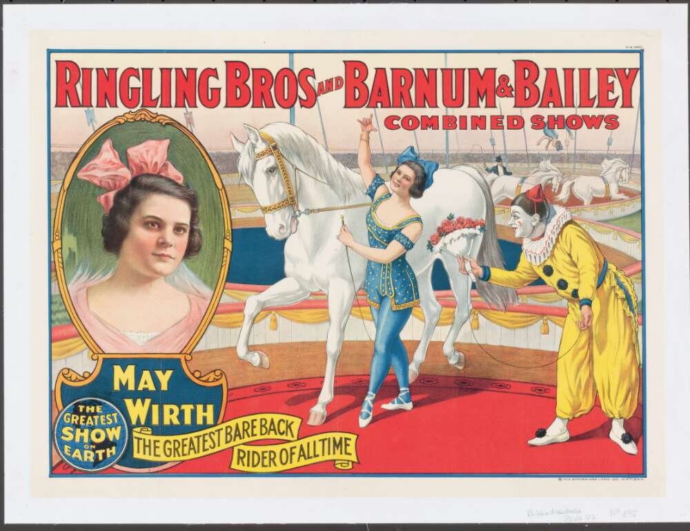 Poster depicts a woman in blue walking alongside a horse; a clown in a yellow suit stands next to her