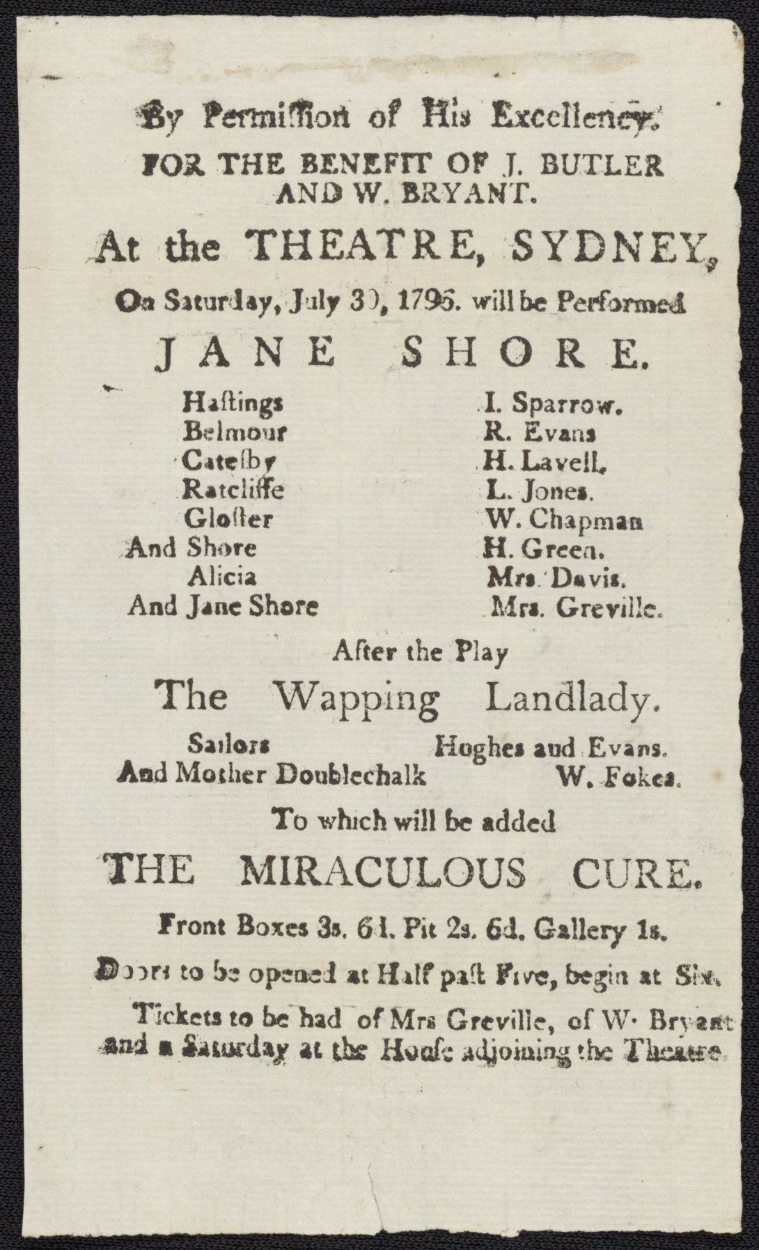A printed playbill advertising a performance in 1796