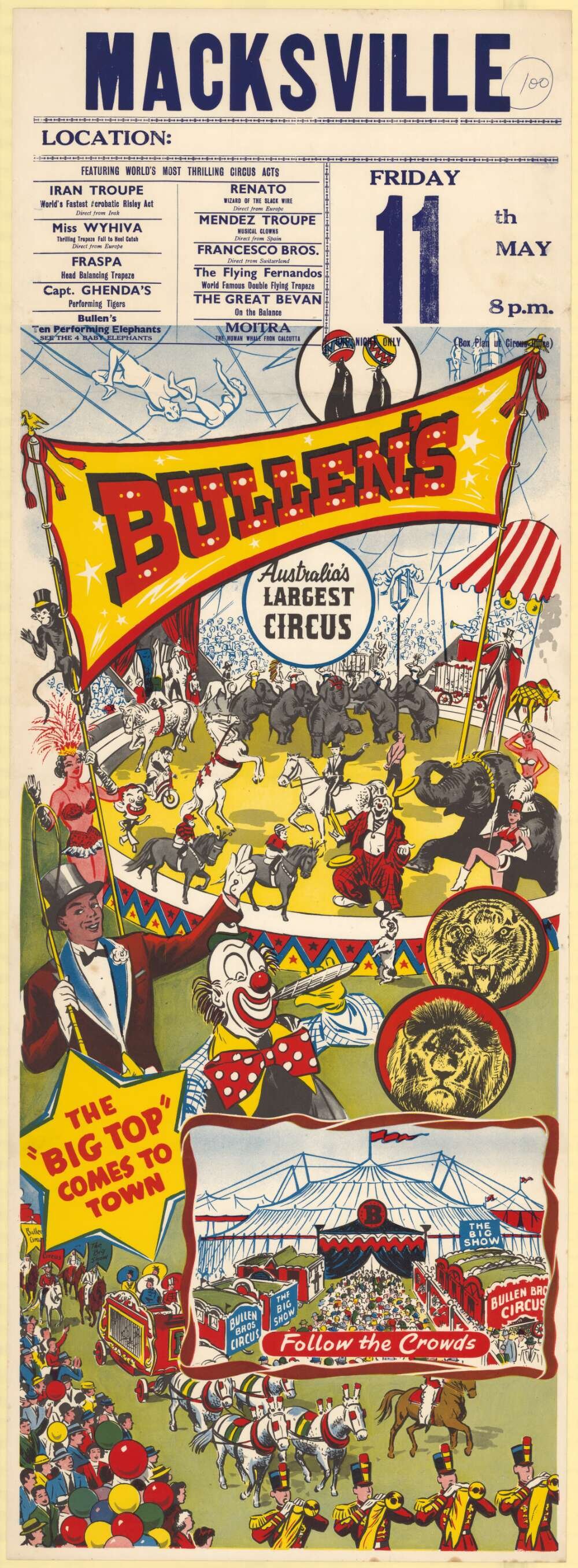 Large poster depicting a circus scene; advertising Bullens Circus tour