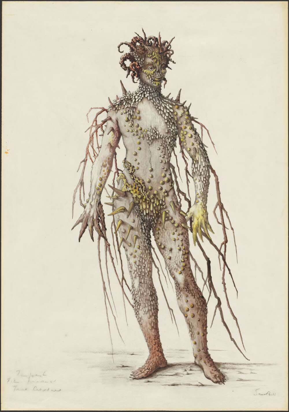 A sketch of a costume; a creature overgrown with branches to look like a tree