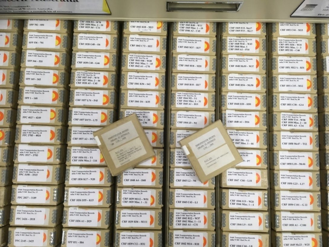 Stacks of reels with labels showing date ranges for the data