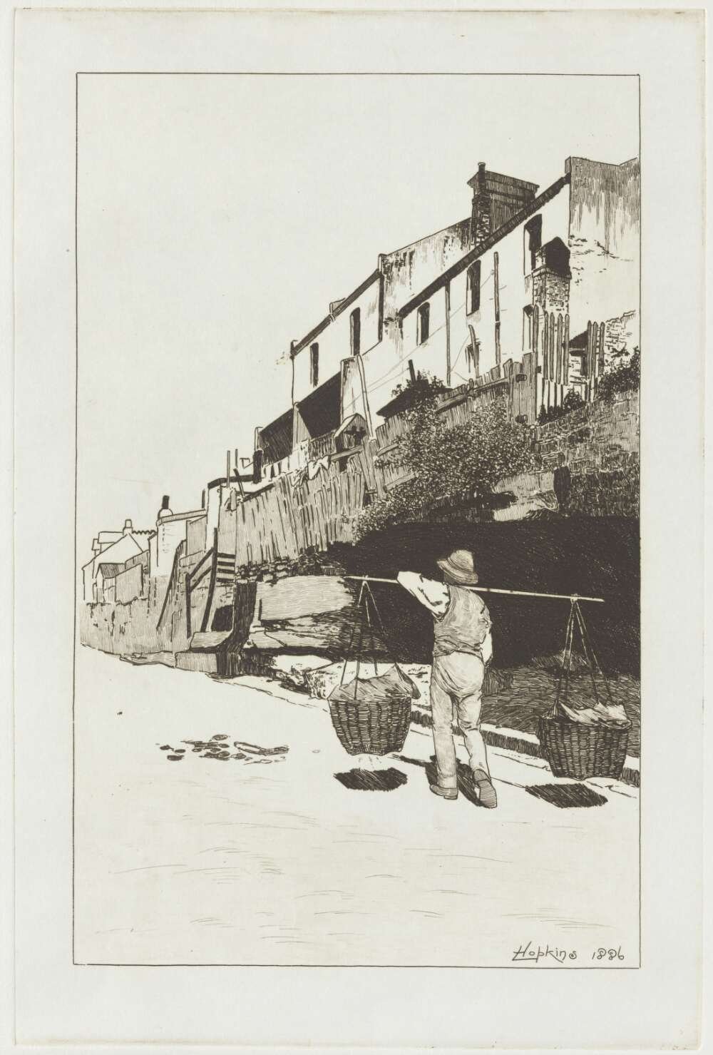 Man with a shoulder pole carrying baskets, the Rocks, Sydney, 1886 [picture] nla.cat-vn1552623 