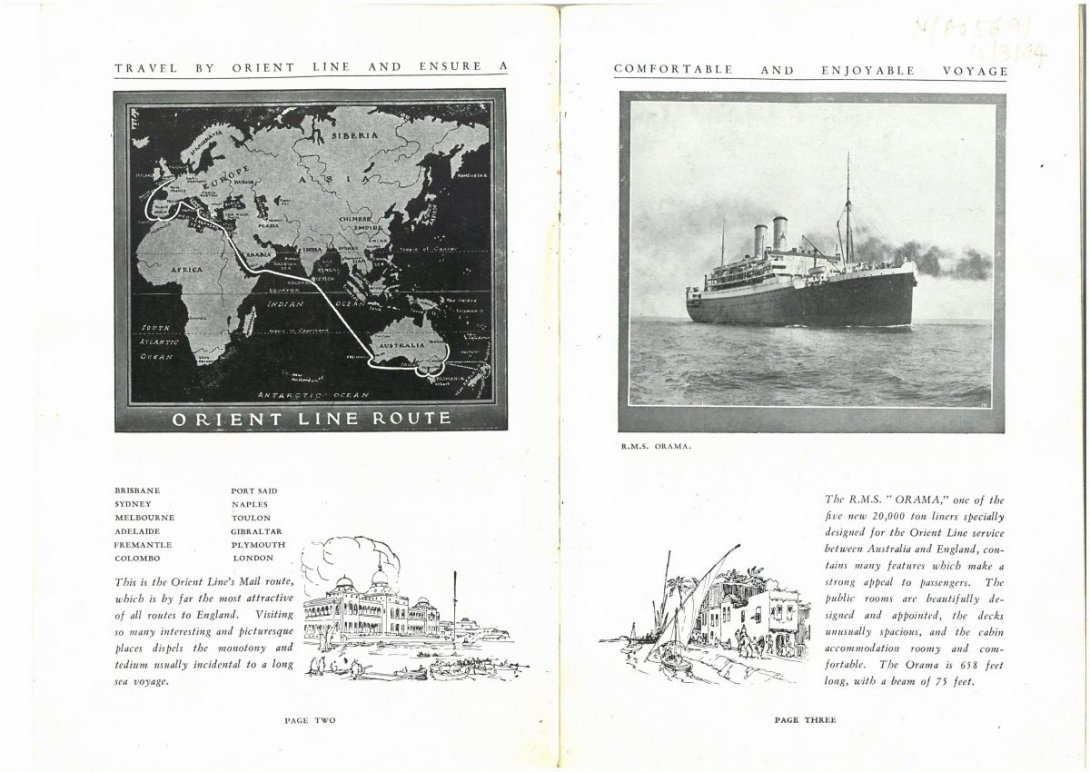 Double page spread detailing travel on the Orient Line