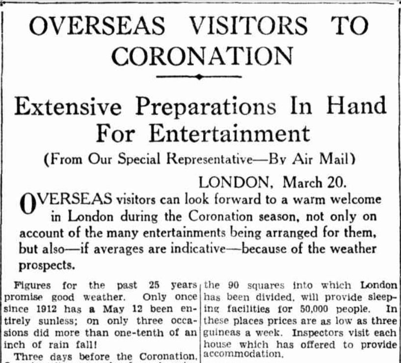 Newspaper print describing Australians attending the Queen's coronation