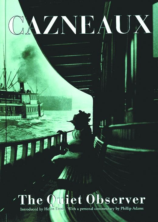 Cazneaux The Quiet Observer Book cover. Green toned image with a woman sitting on a bench on the deck of a boat with another boat in the background