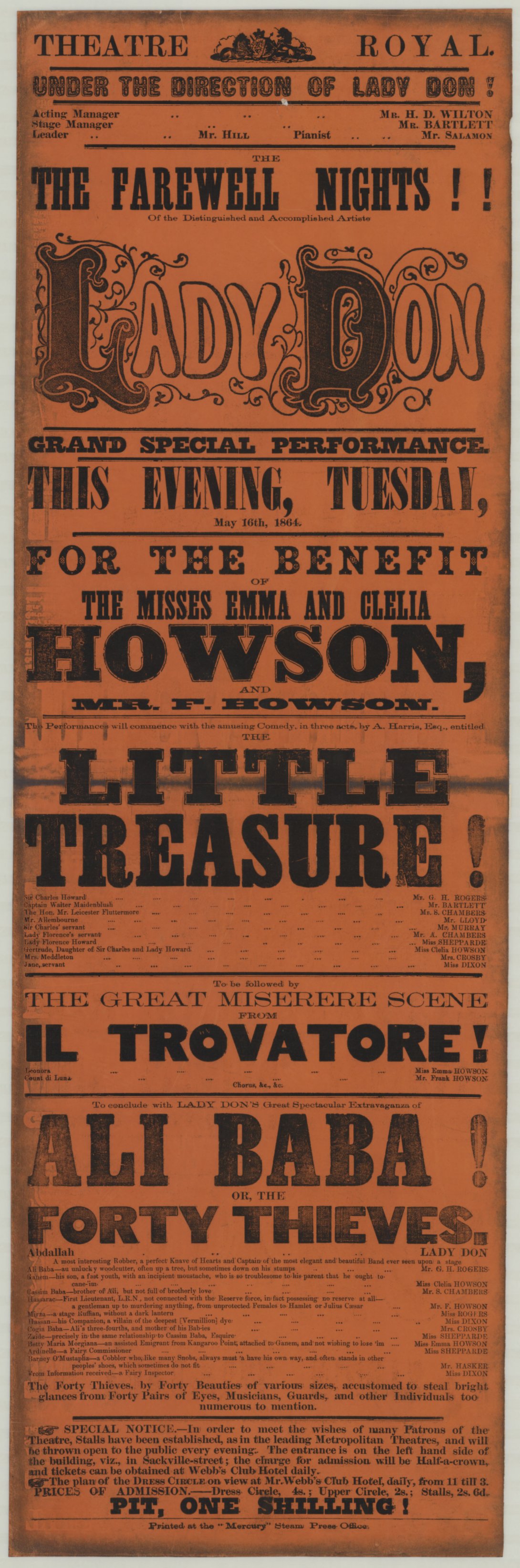 A red toned newspaper ad with details about a farewell show for Lady Don being performed called Little Treasure!