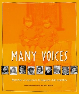Many Voices book cover. An orange photo of two children sitting on a suitcase with a line of black and white photographs of people underlining the words 'Many Voices'.