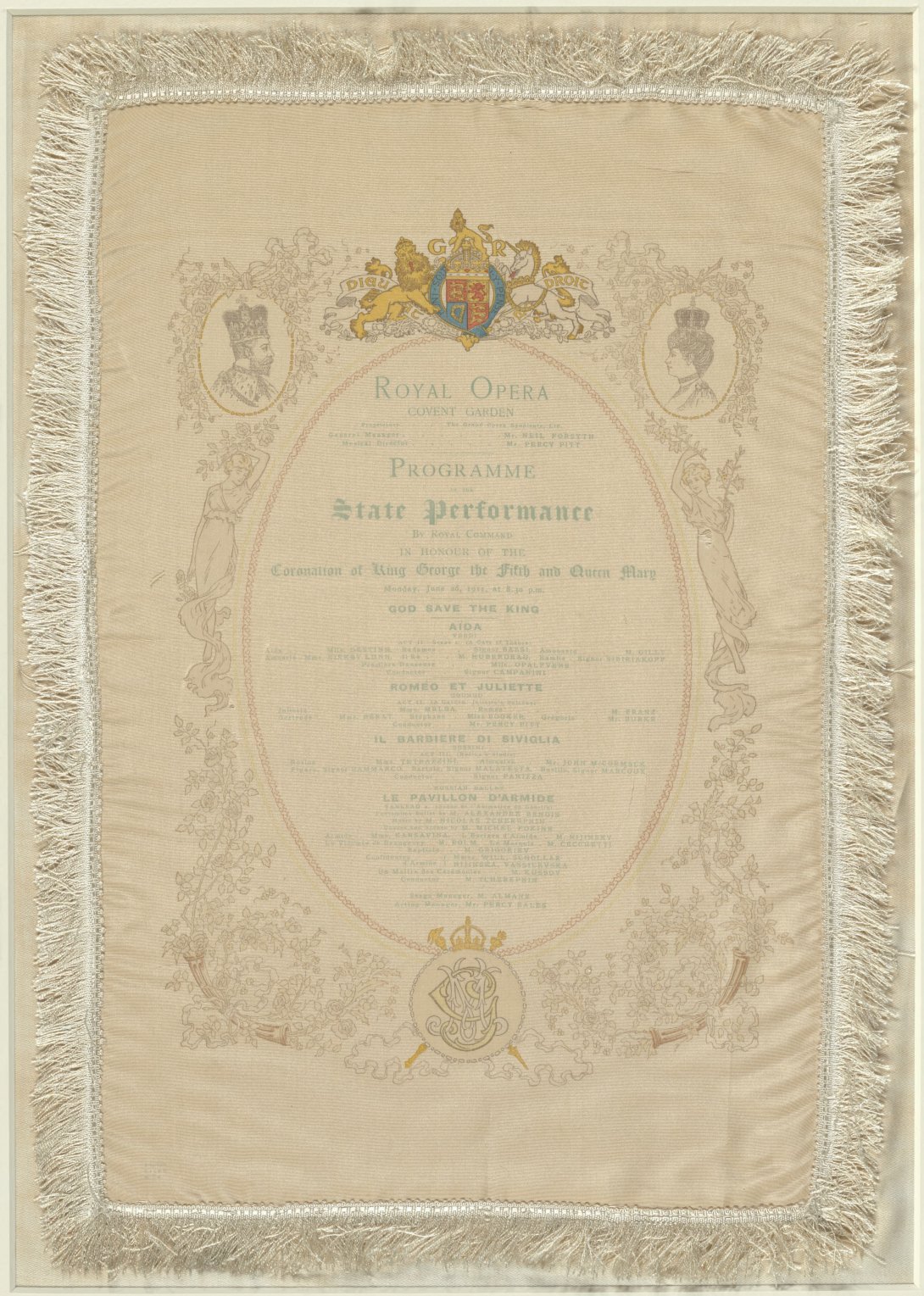 An A4 sized fabric program reflecting the details of the State Performance by Royal Command. Cream background with decretive faded colour surrounding the details in the centre.
