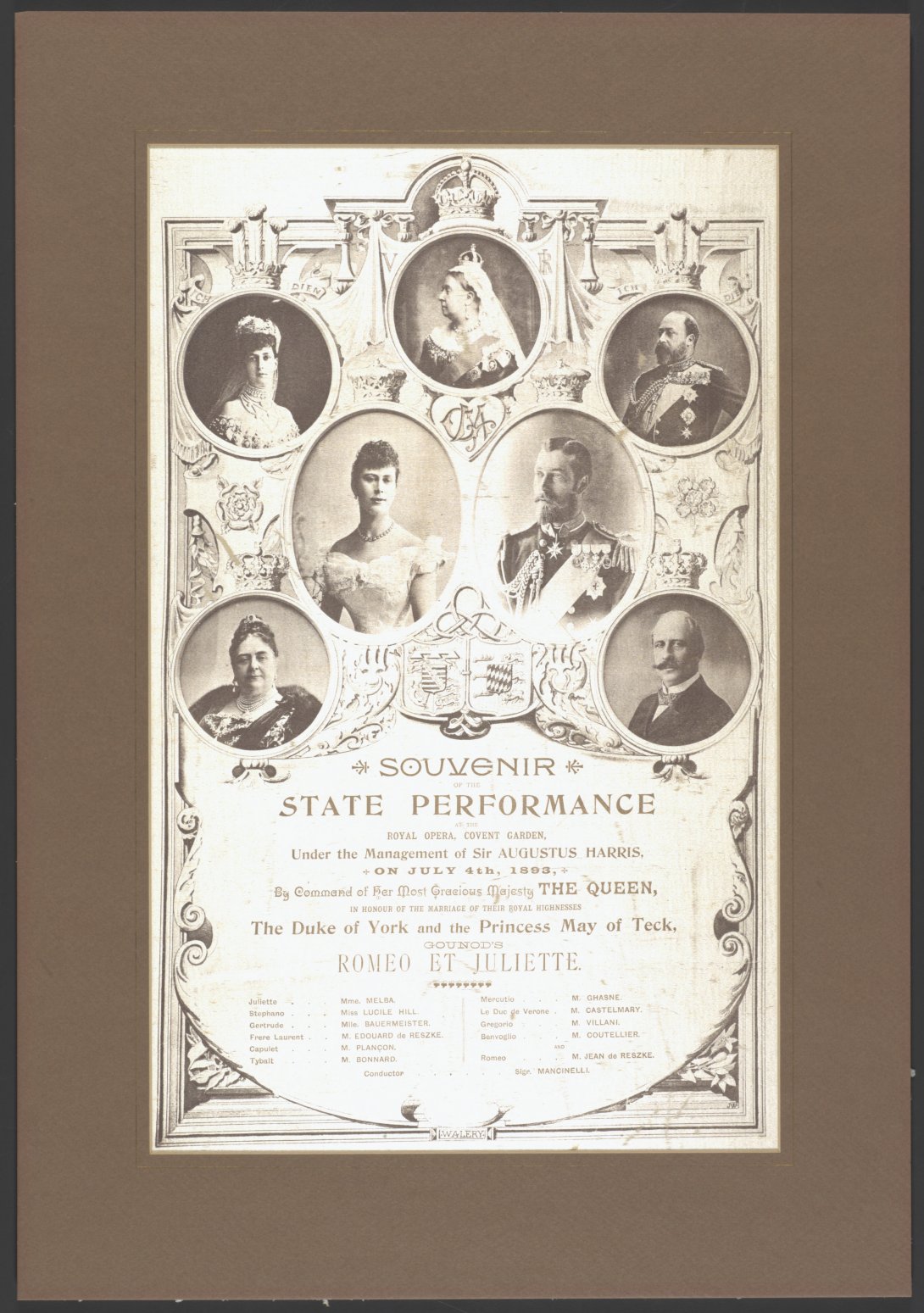 A sepia page with round and oval portraits of people in royal clothes from the Victorian era and text describing the performance and the cast list. The title text is: Souvenir State Performance.