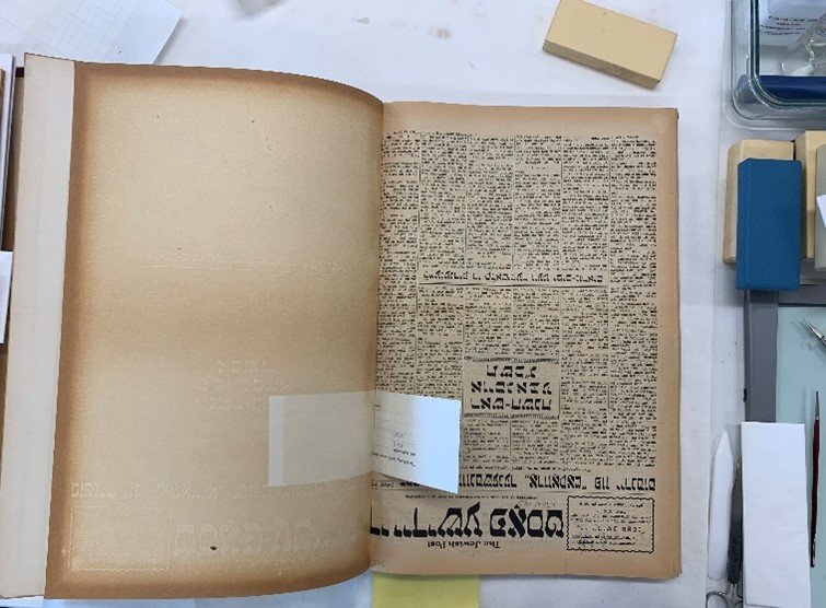 Acidic deterioration and discolouration of newspaper compared to a section of paper that was protected. 