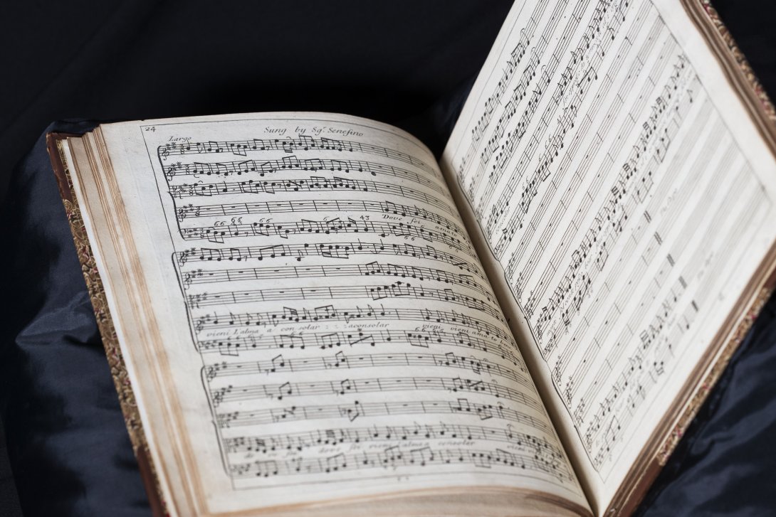Large book with score of music on open page spread