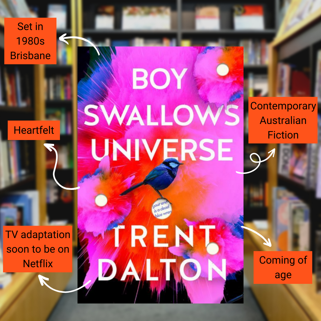 Book cover of Boy Swallows Universe with annotations reading set in 1980s Brisbane, heartfelt, TV adaptation soon to be on Netflix, contemporary Australian fiction and coming of age