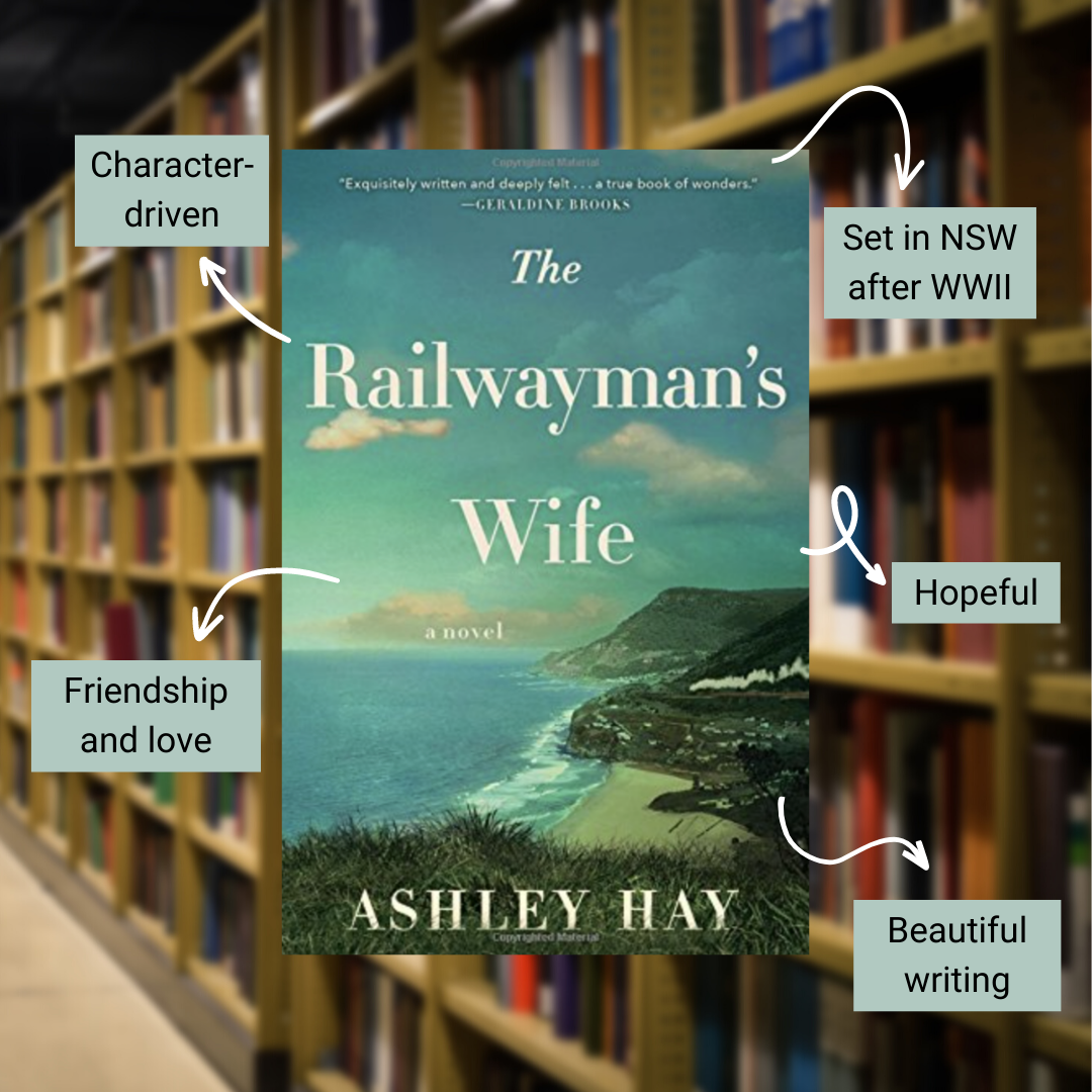 Cover of The Railwayman’s Wife by Ashley Hay with annotations reading character-driven, friendship and love, set in NSW after WWII, hopeful and beautiful writing