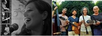 Two images side by side. The left one is black and white and shows people playing instruments and singing. The one on the right is in colour and shows 4 people holding musical instruments.