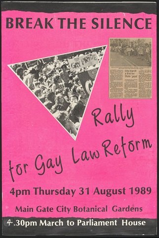 Poster advertising a rally for gay law reform to be held 4pm Thursday 31 August 1989