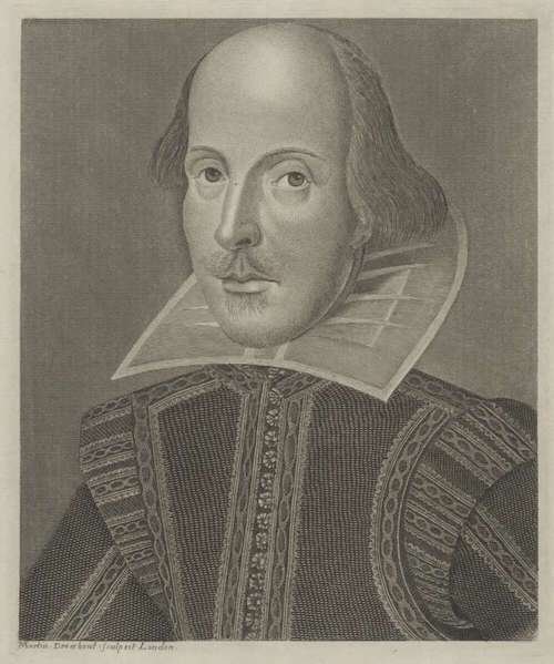 Black and white print of William Shakespeare wearing formal attire 