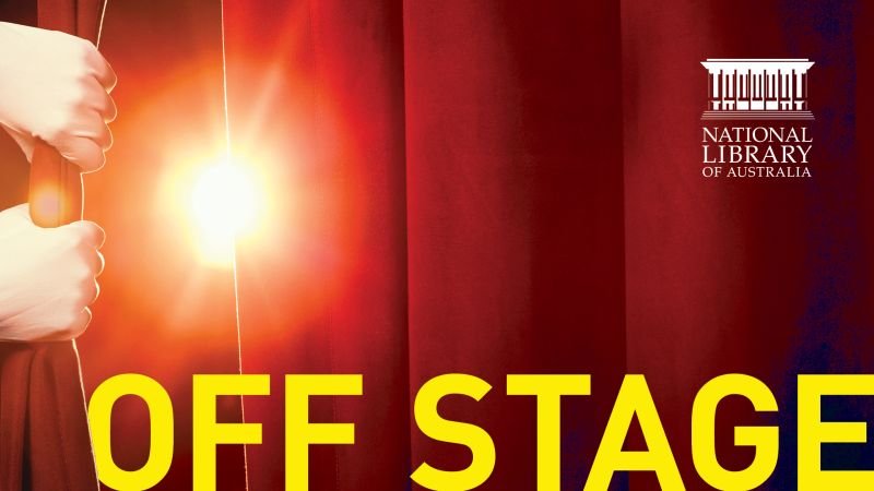 Two hands pull back a red curtain to reveal a bright stage light; text reads 'Off Stage'