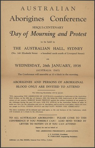 A poster announcing an Australian Aborigines Conference on Wednesday, 26th January 1938