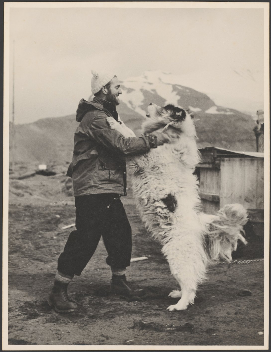 A man and his husky standing face to face with a mountain in the background. Black and white.