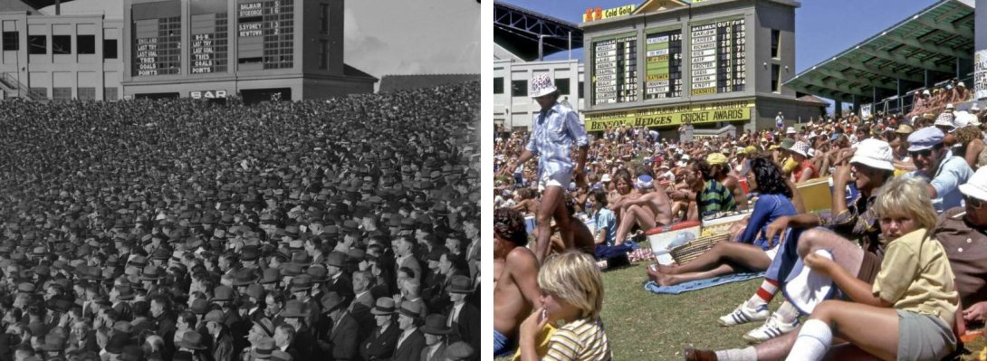Left: black and white image of crowd wearing hats at Sydney cricket ground; Right: crowd gathered at sydney cricket ground 