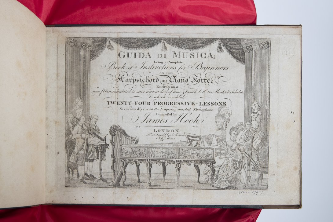 Title page of a landscape oriented printed book: ornate engraving featuring musical performers. Scene is framed by theatre curtains.