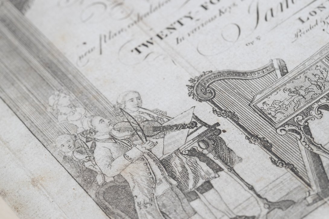 Detail of a musical text book's title page showing performers, one man playing a violin. Not straight.