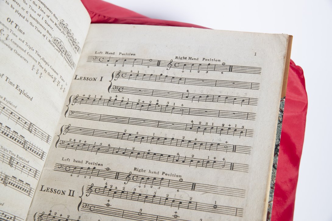 Right hand page of an open music book sitting on a red cushion