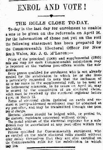 Newspaper article titled 'ENROL AND VOTE!' with text encouraging people to enrol as it was the last day to do so before a referendum 