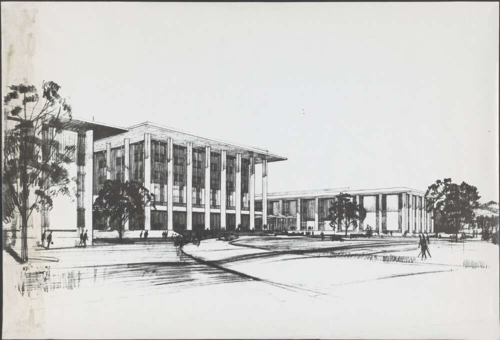 Sketch of three large buildings with columns with a few nearby trees