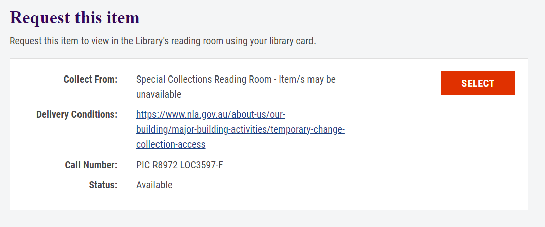 Screenshot of the Library catalogue showing what a catalogue record looks like for an item that may be unavailable