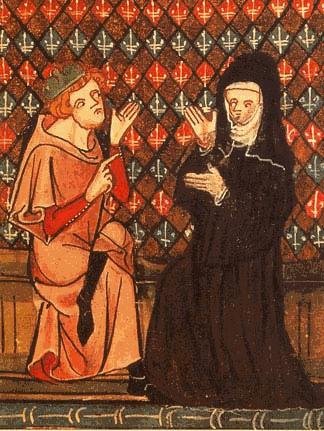 Image of a medieval monk and a nun in conversation, gesticulating