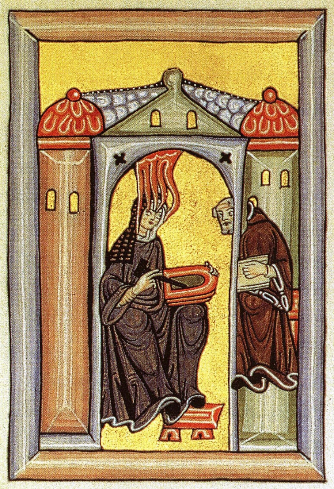 Image of an illumination featuring two people, a nun and a monk. The nun rests her feet on a stool