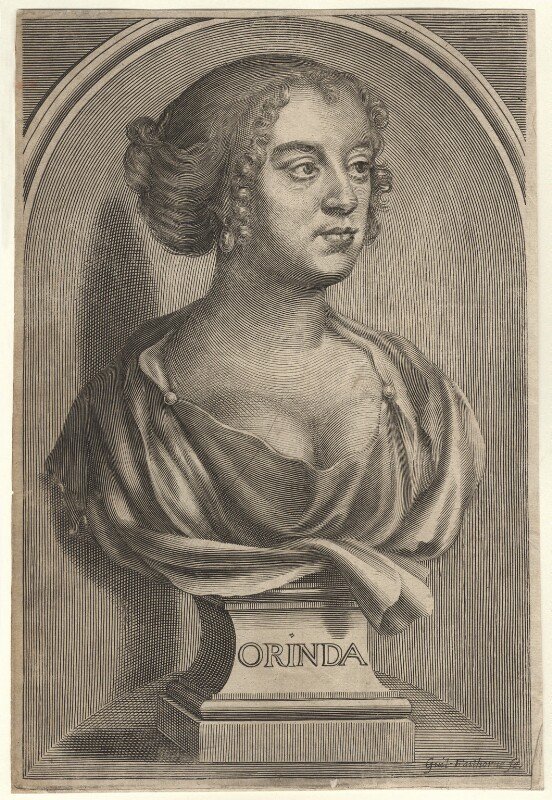 An engraving of a portrait bust of a woman in 17th-century dress, looking to her left