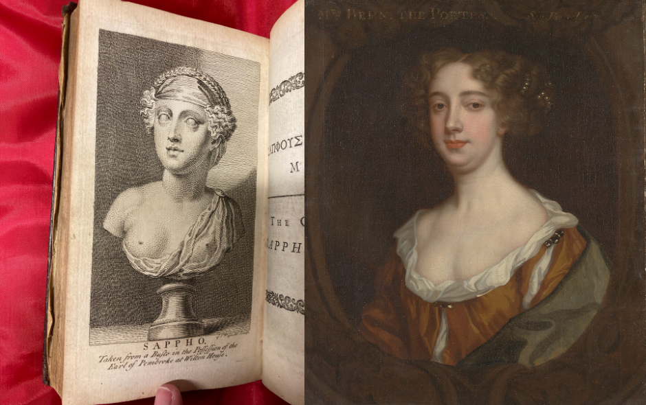 Two images side by side. On the left is an engraving of a bust of a woman with curly hair done up and fabric covering half her chest. On the right is a painting of a different woman with short, curly, red hair in a white and orange historical dress