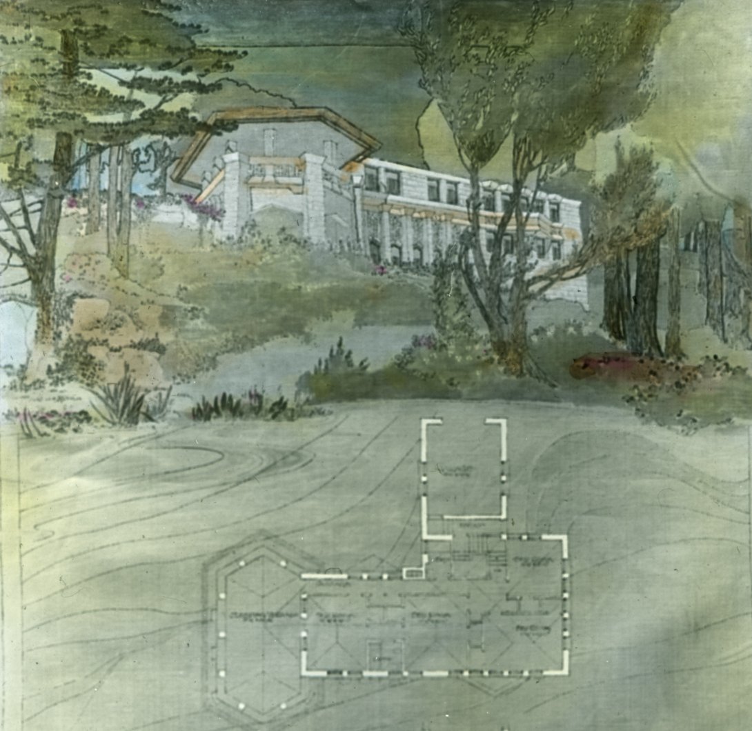 Watercolour illustration of a large white house on a hill and surrounding trees, using lots of greens. Below is the house's floorplan