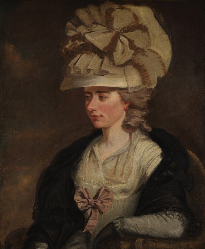 Portrait of Fanny Burney with eyes cast to the painting's left and wearing a very large hat
